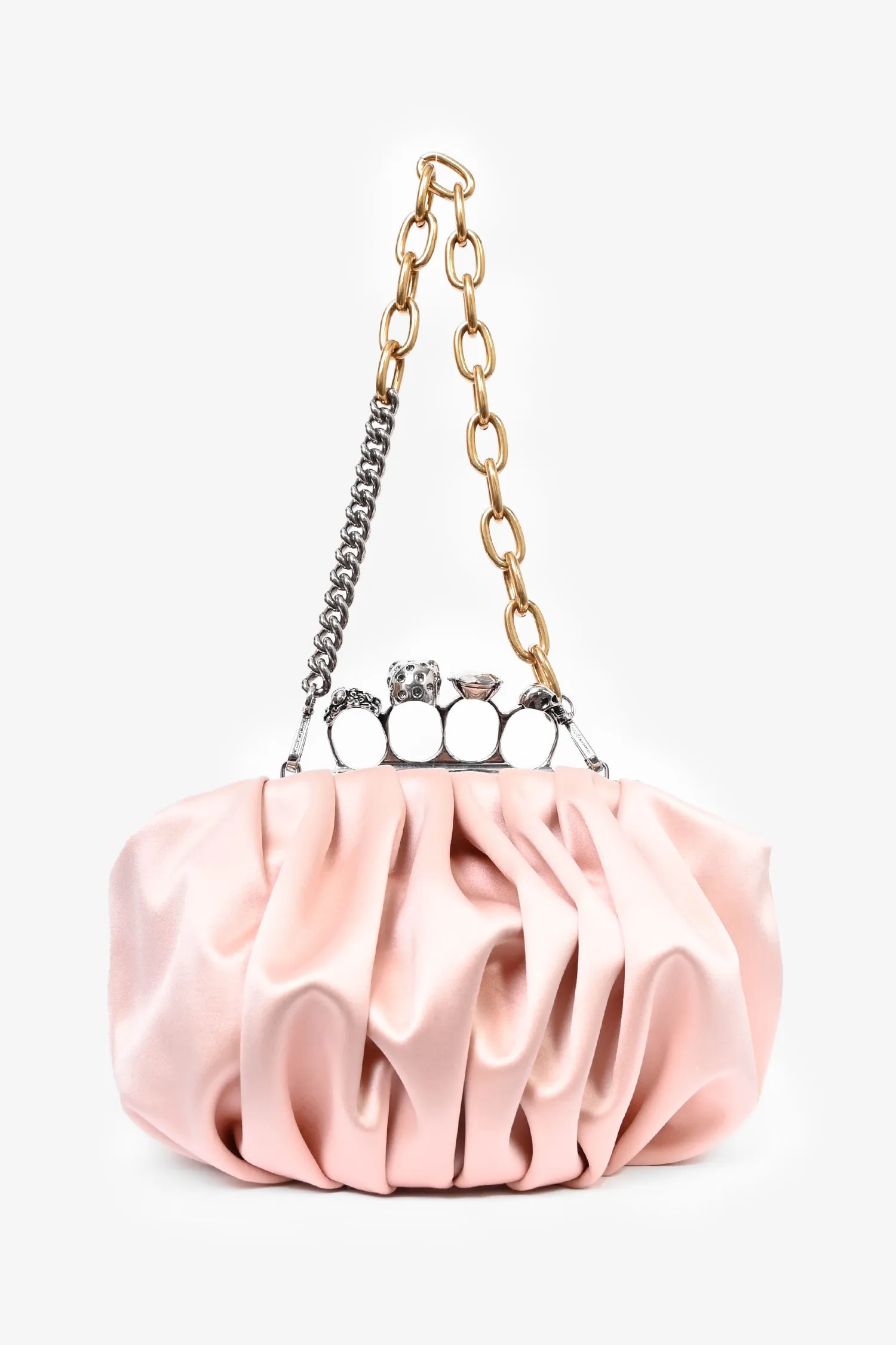 Alexander McQueen Pink Satin Barnacle Four Ring Clutch with Dual Tone Chain