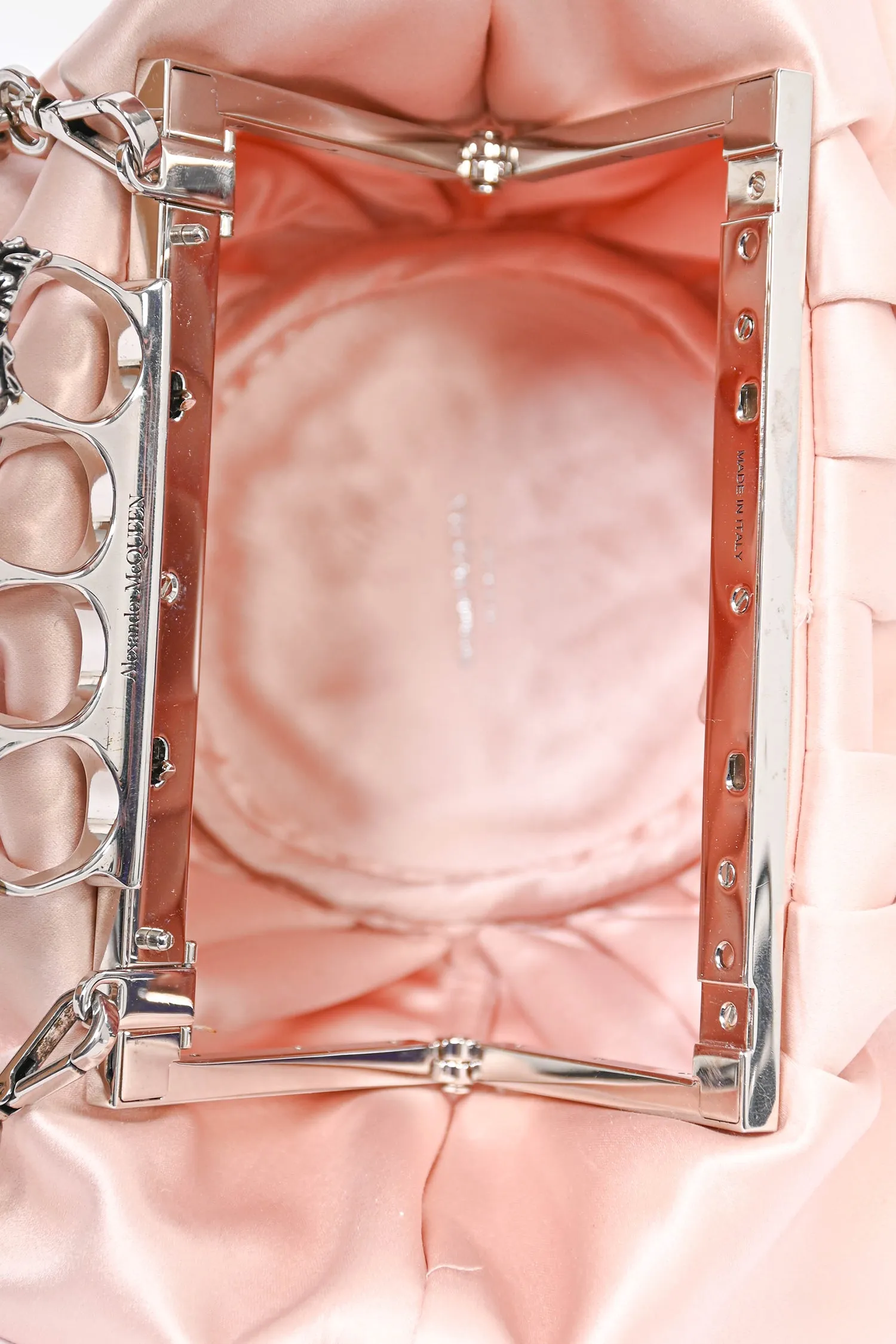 Alexander McQueen Pink Satin Barnacle Four Ring Clutch with Dual Tone Chain