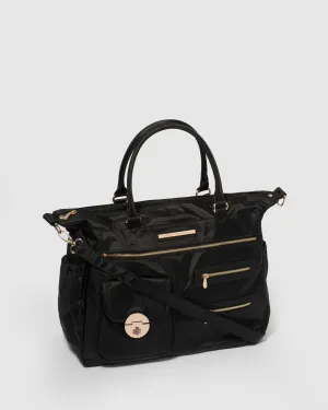 Black Nylon Pocket And Zip Baby Bag With Gold Hardware