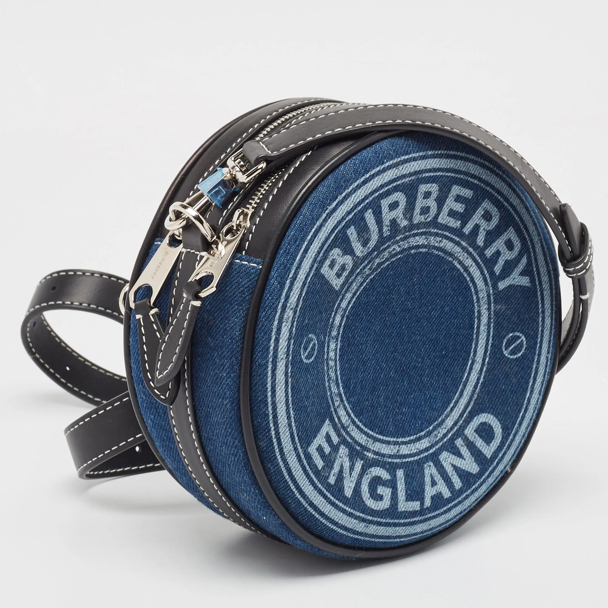 BURBERRY Blue/Black Denim and Leather Louise Round Crossbody Bag