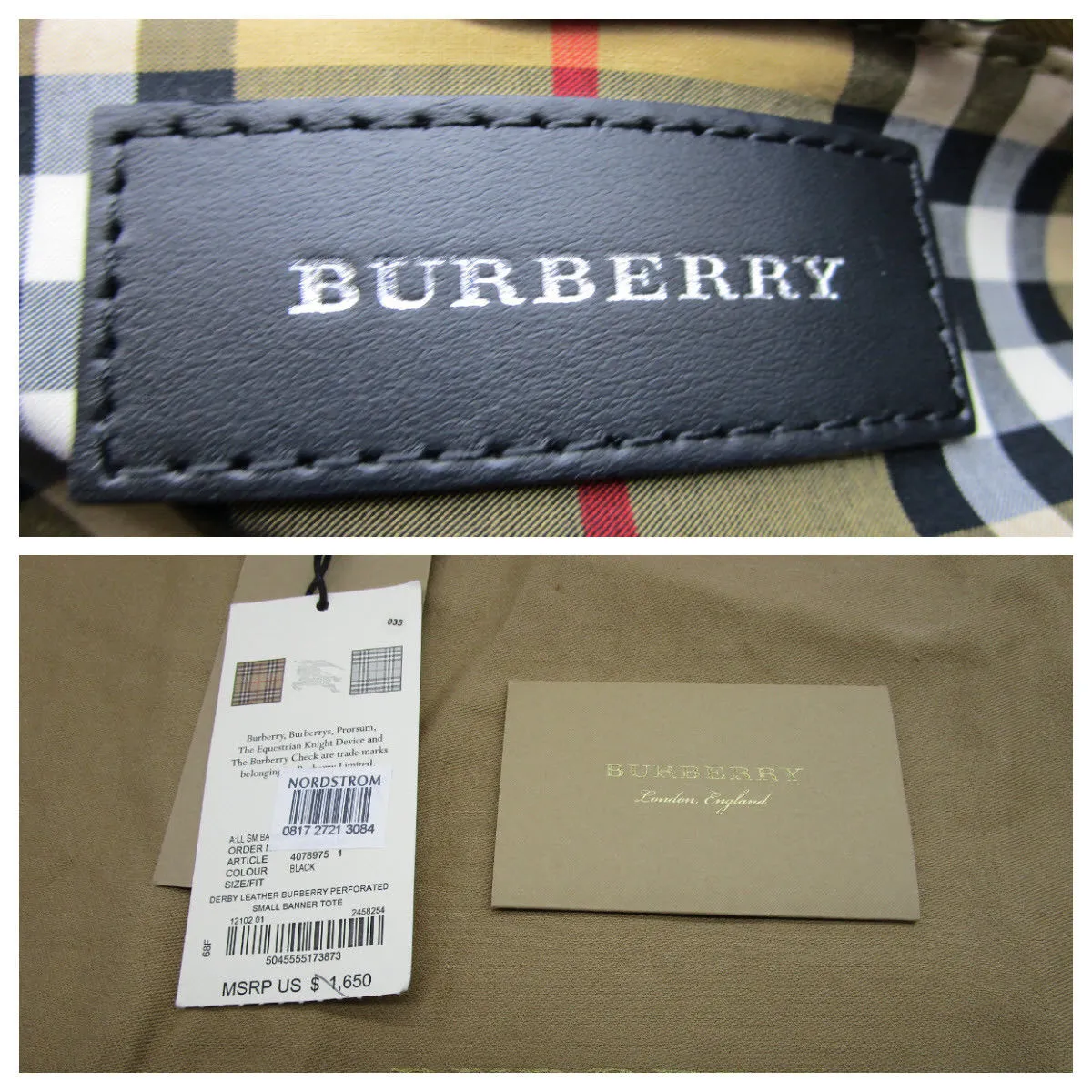 Burberry Small Banner Black Perforated Leather Tote House Check