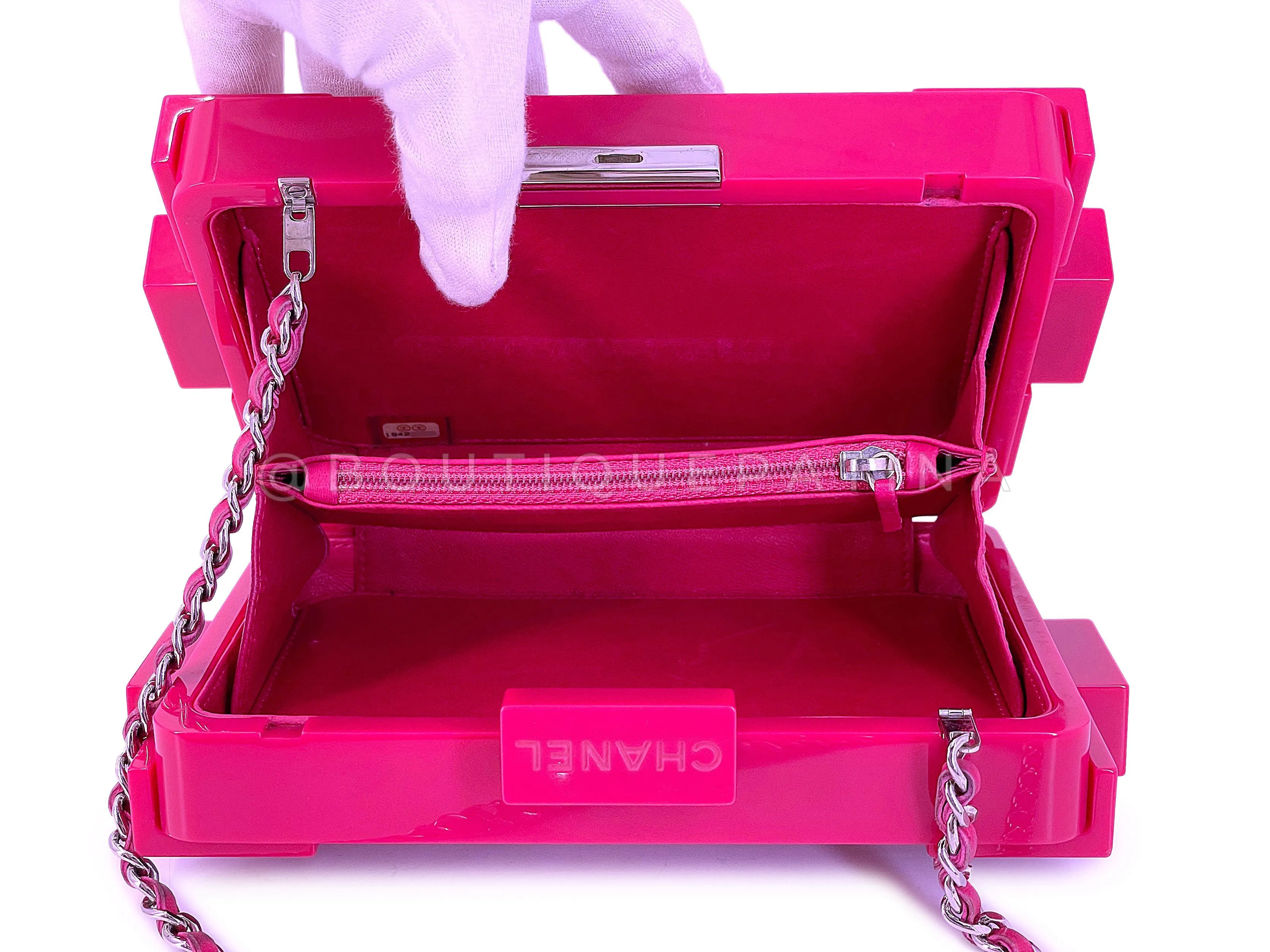 Chanel 2014 Fuchsia Pink Lego Brick Minaudière Clutch Bag SHW Plexiglass