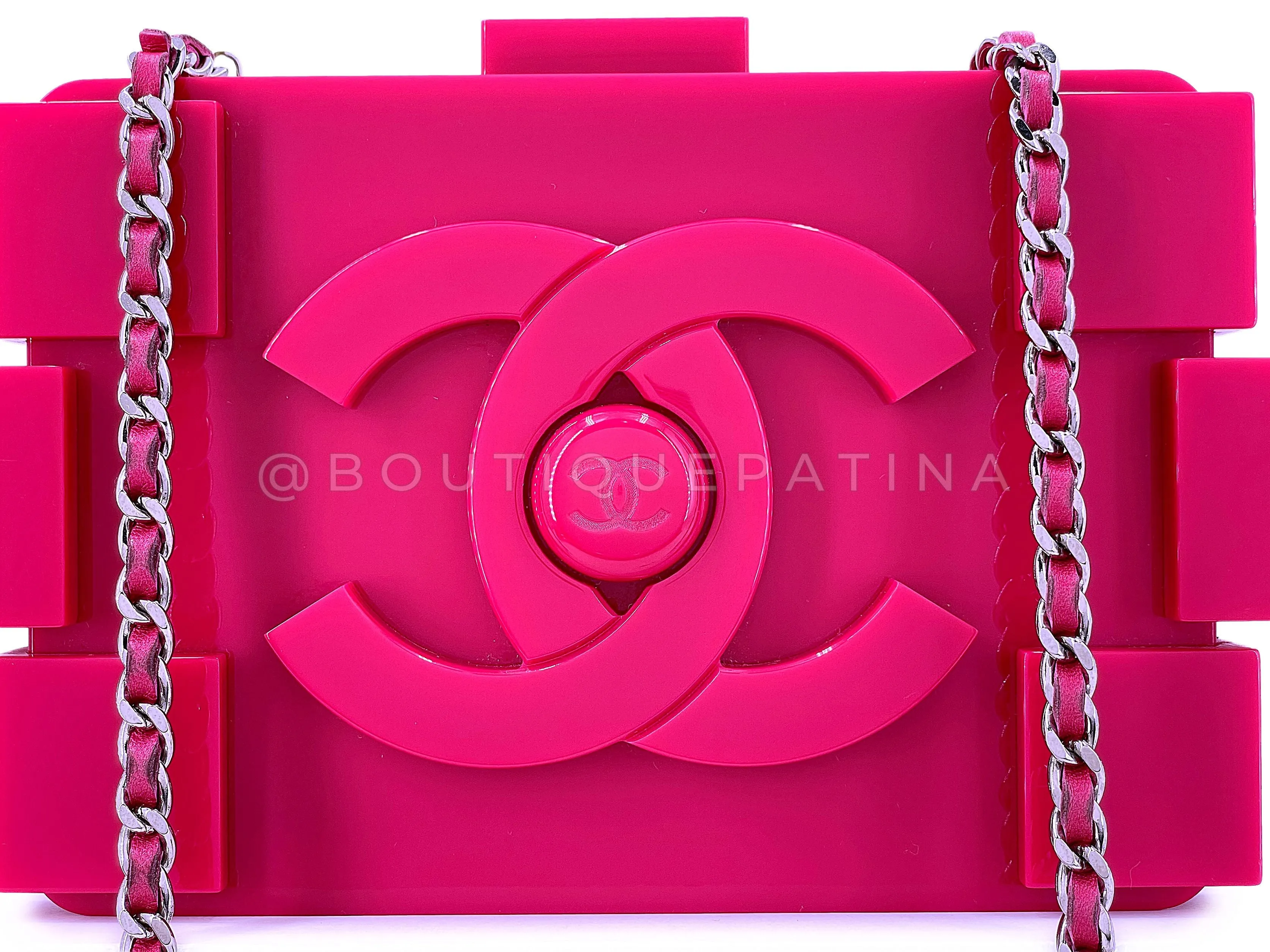 Chanel 2014 Fuchsia Pink Lego Brick Minaudière Clutch Bag SHW Plexiglass