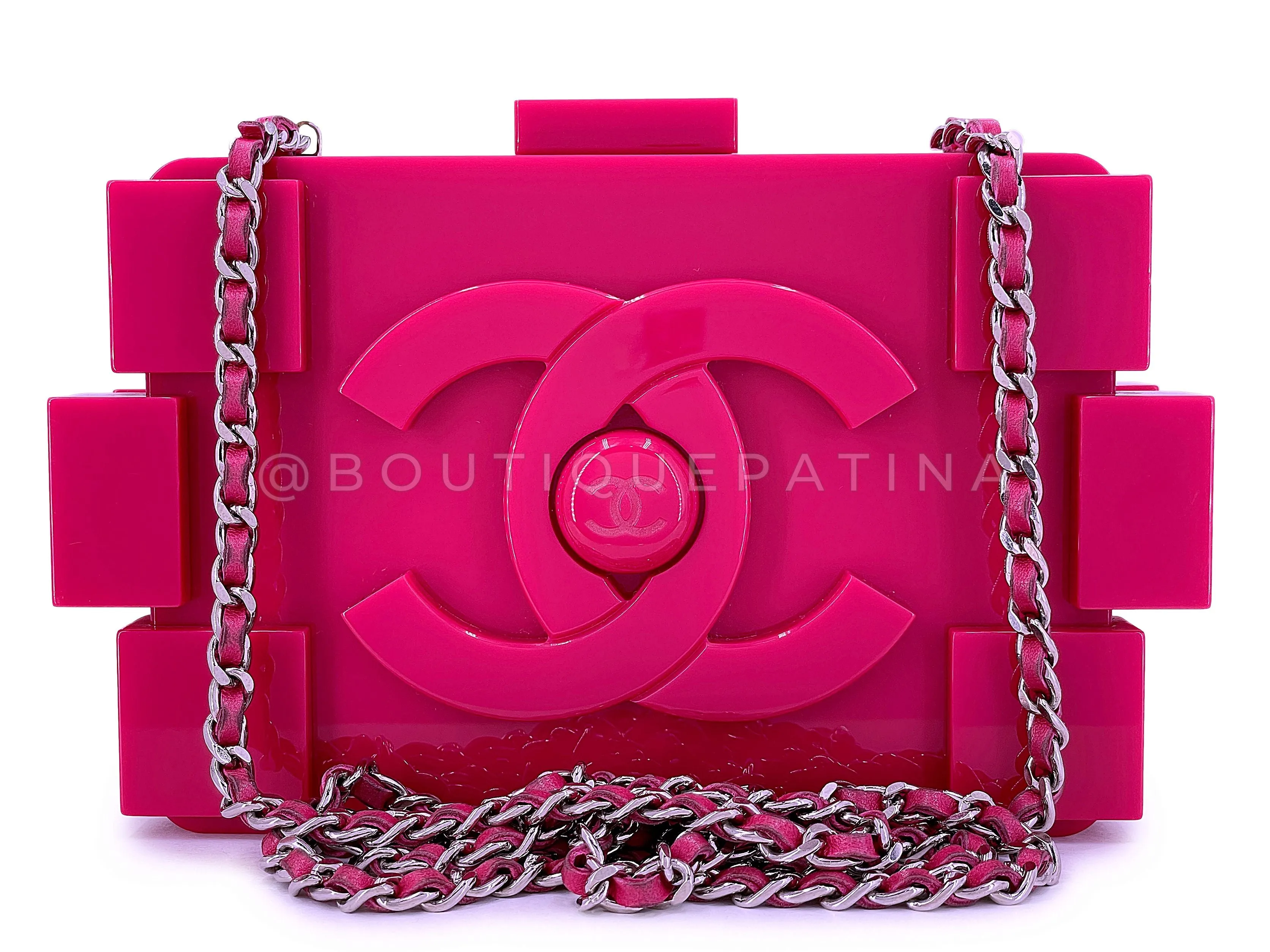 Chanel 2014 Fuchsia Pink Lego Brick Minaudière Clutch Bag SHW Plexiglass