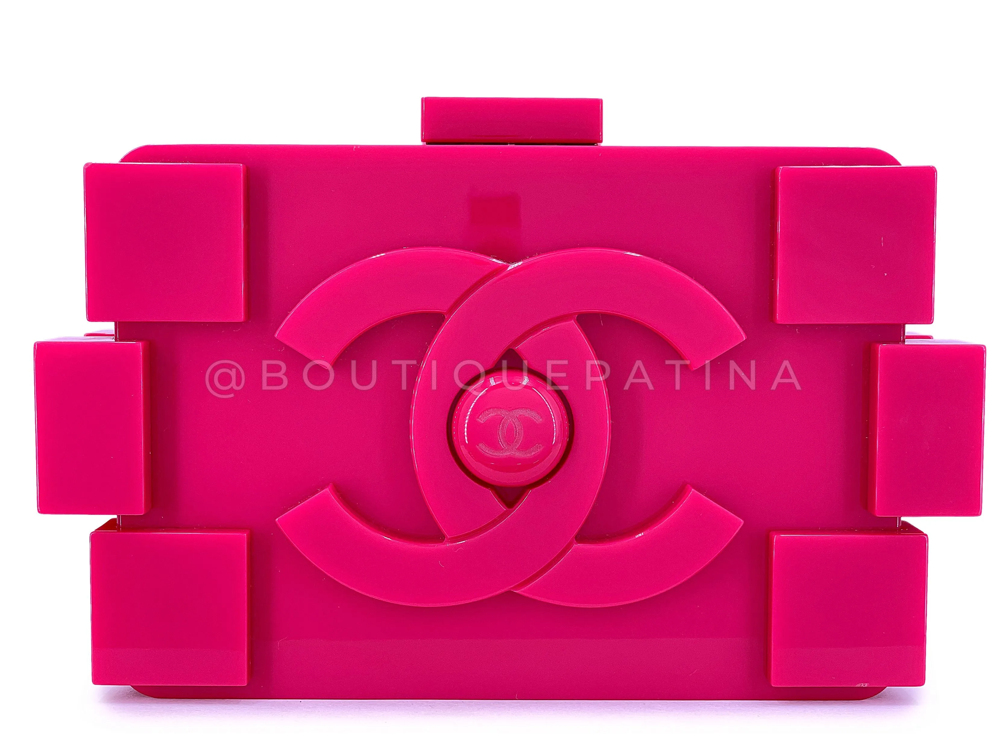 Chanel 2014 Fuchsia Pink Lego Brick Minaudière Clutch Bag SHW Plexiglass