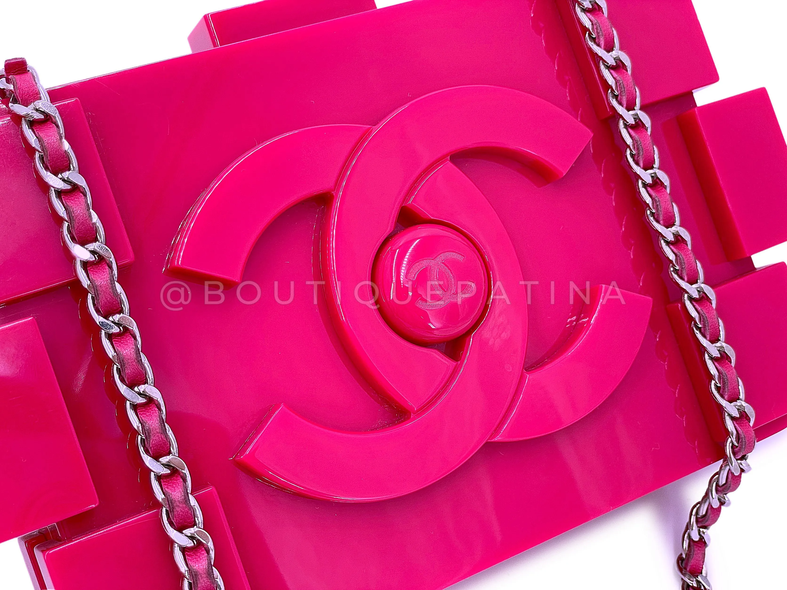 Chanel 2014 Fuchsia Pink Lego Brick Minaudière Clutch Bag SHW Plexiglass