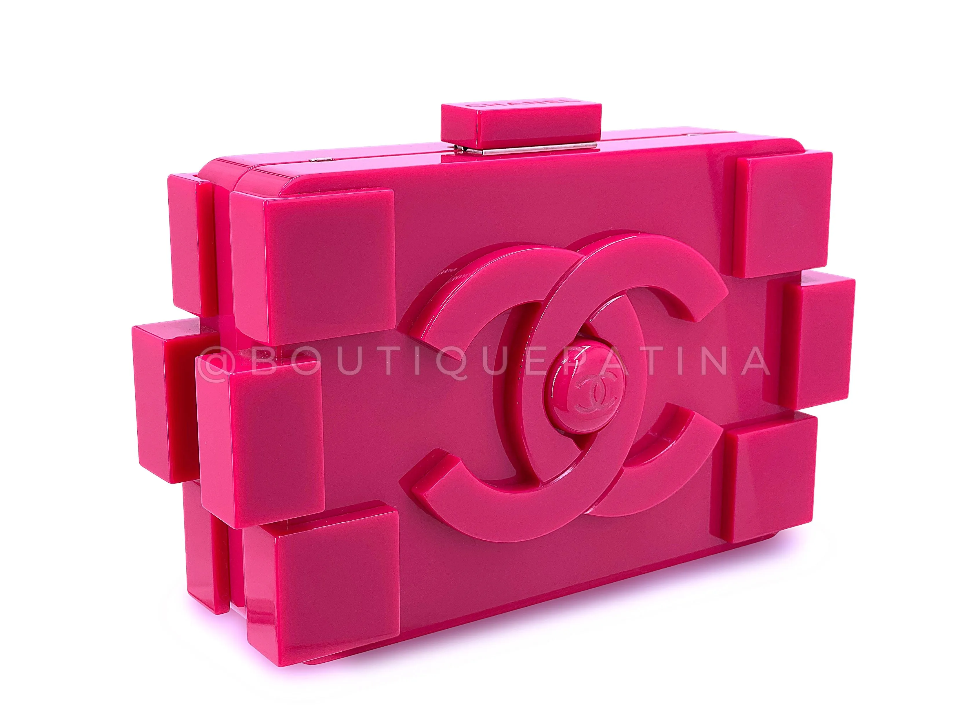 Chanel 2014 Fuchsia Pink Lego Brick Minaudière Clutch Bag SHW Plexiglass