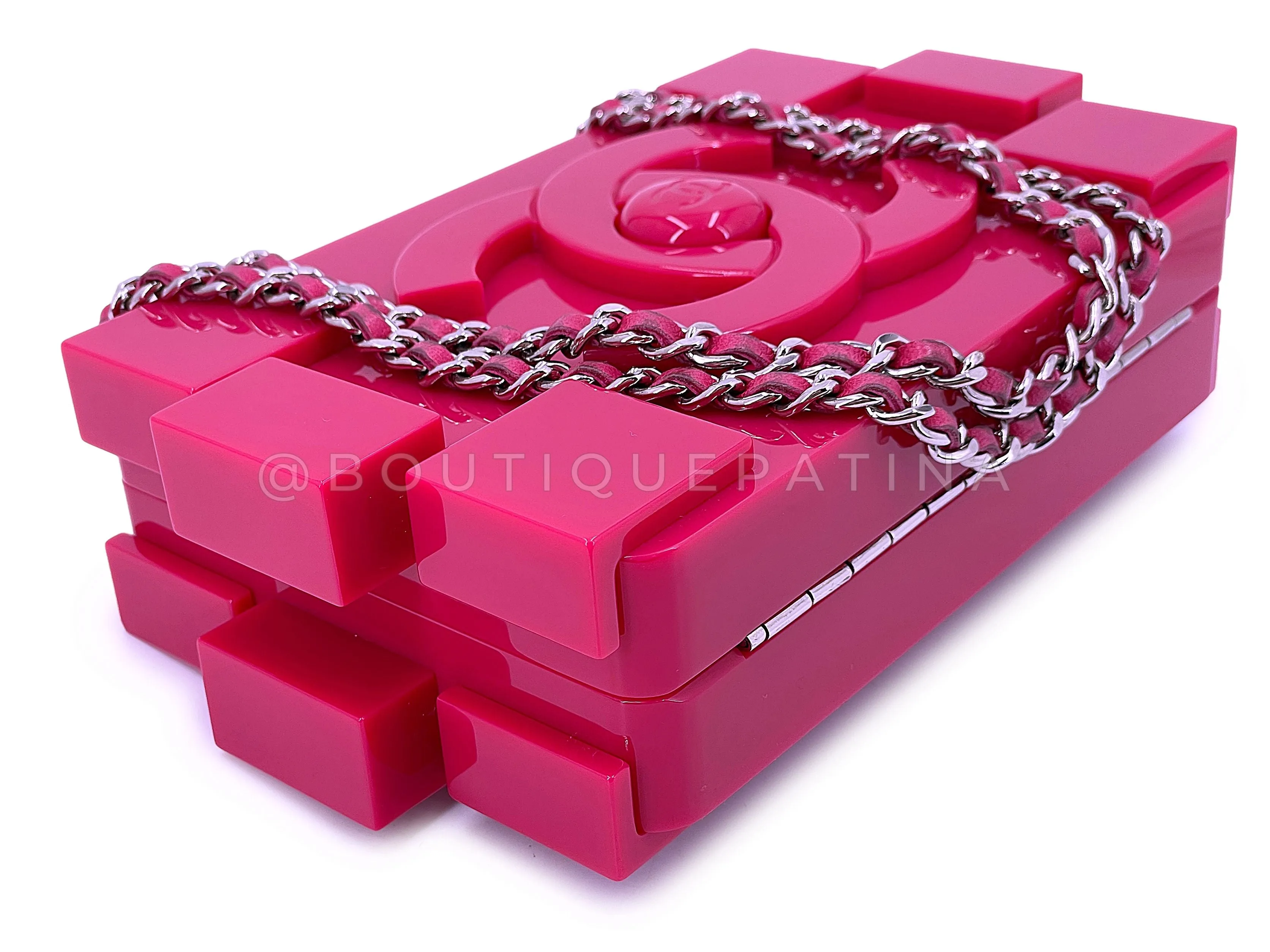 Chanel 2014 Fuchsia Pink Lego Brick Minaudière Clutch Bag SHW Plexiglass