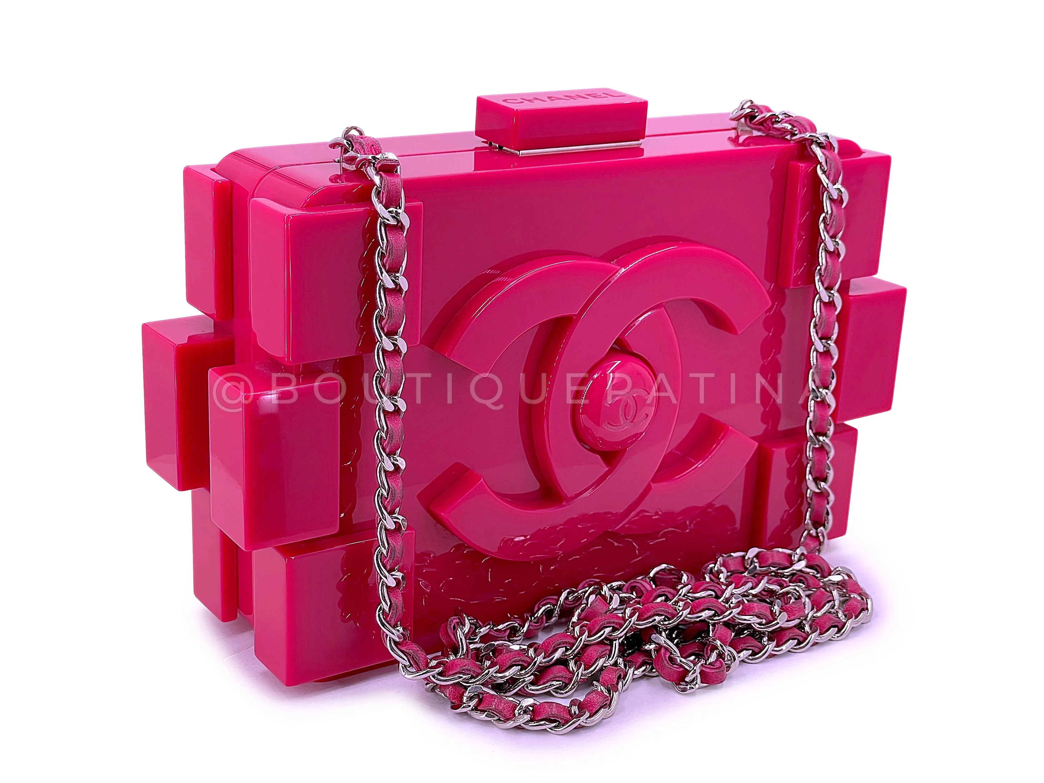 Chanel 2014 Fuchsia Pink Lego Brick Minaudière Clutch Bag SHW Plexiglass