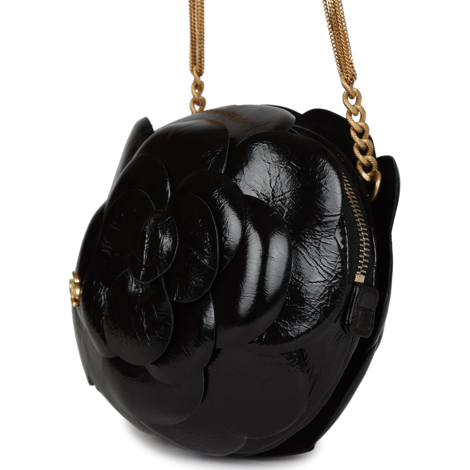 Chanel Camellia Clutch with Chain Black Shiny Calfskin Gold Hardware