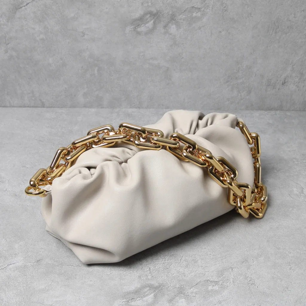 Chunky Chain Link Gathered Leather Cloud Clutch Bag - Beige