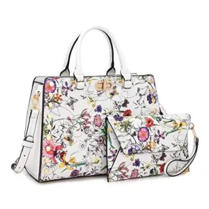 Dasein White Floral Studded Handbag with Matching Wristlet (Women's)