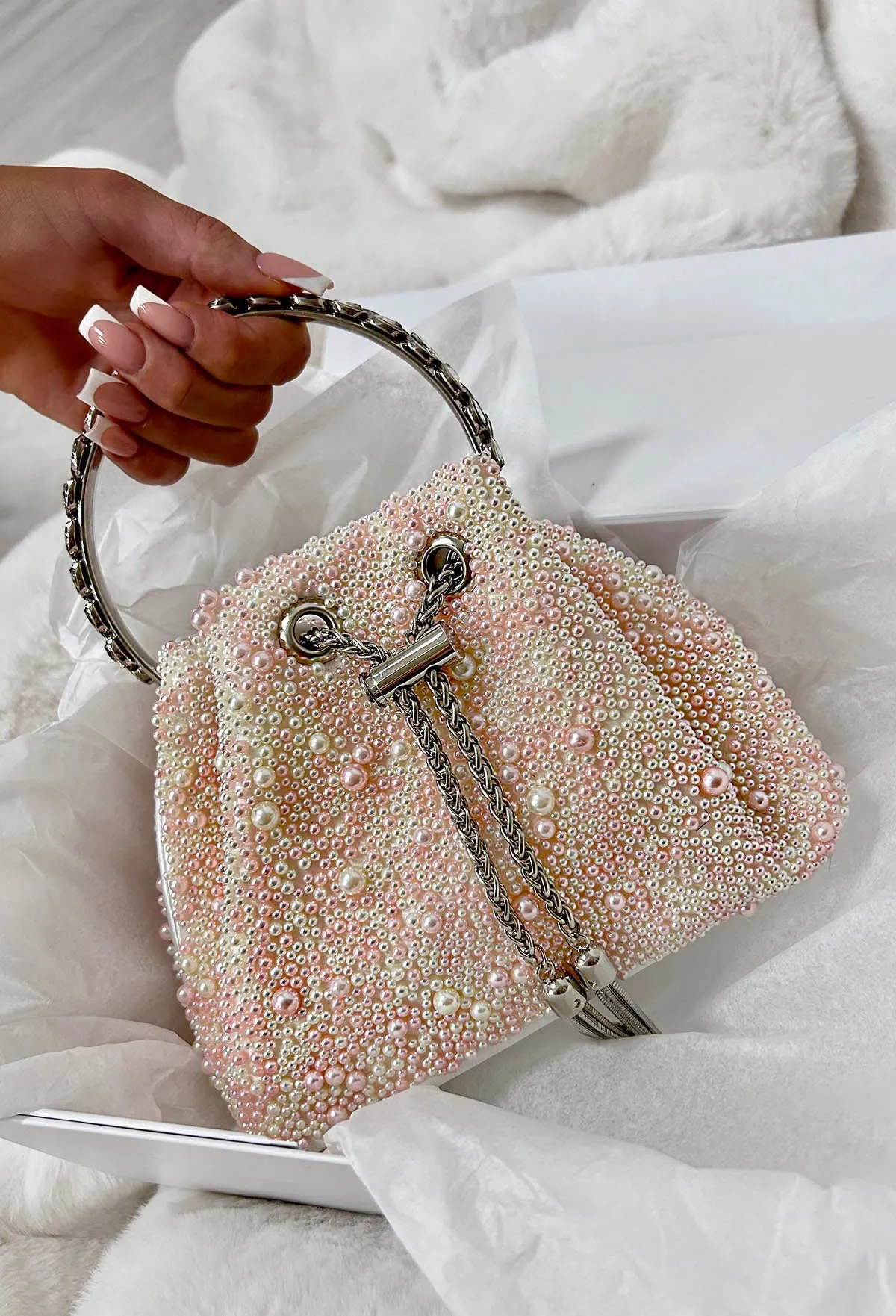 Demure Charm Pink Crystal Bucket Bag