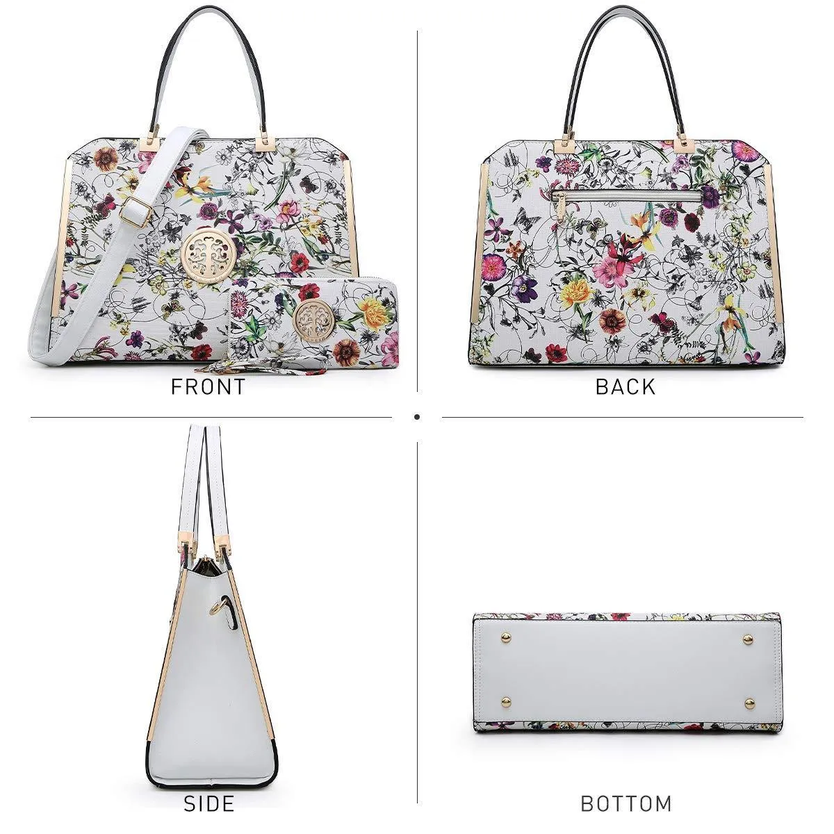 Floral Print Emblem Handbag with Matching Wallet