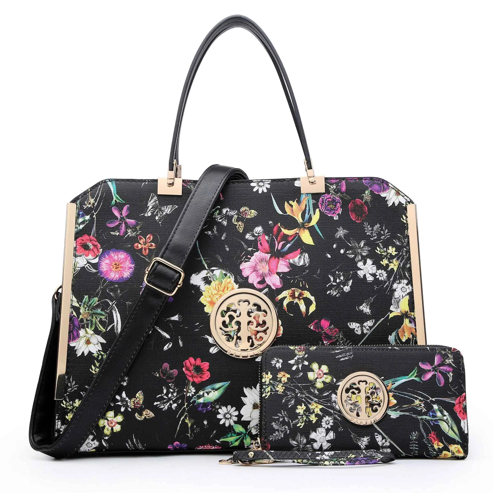 Floral Print Emblem Handbag with Matching Wallet