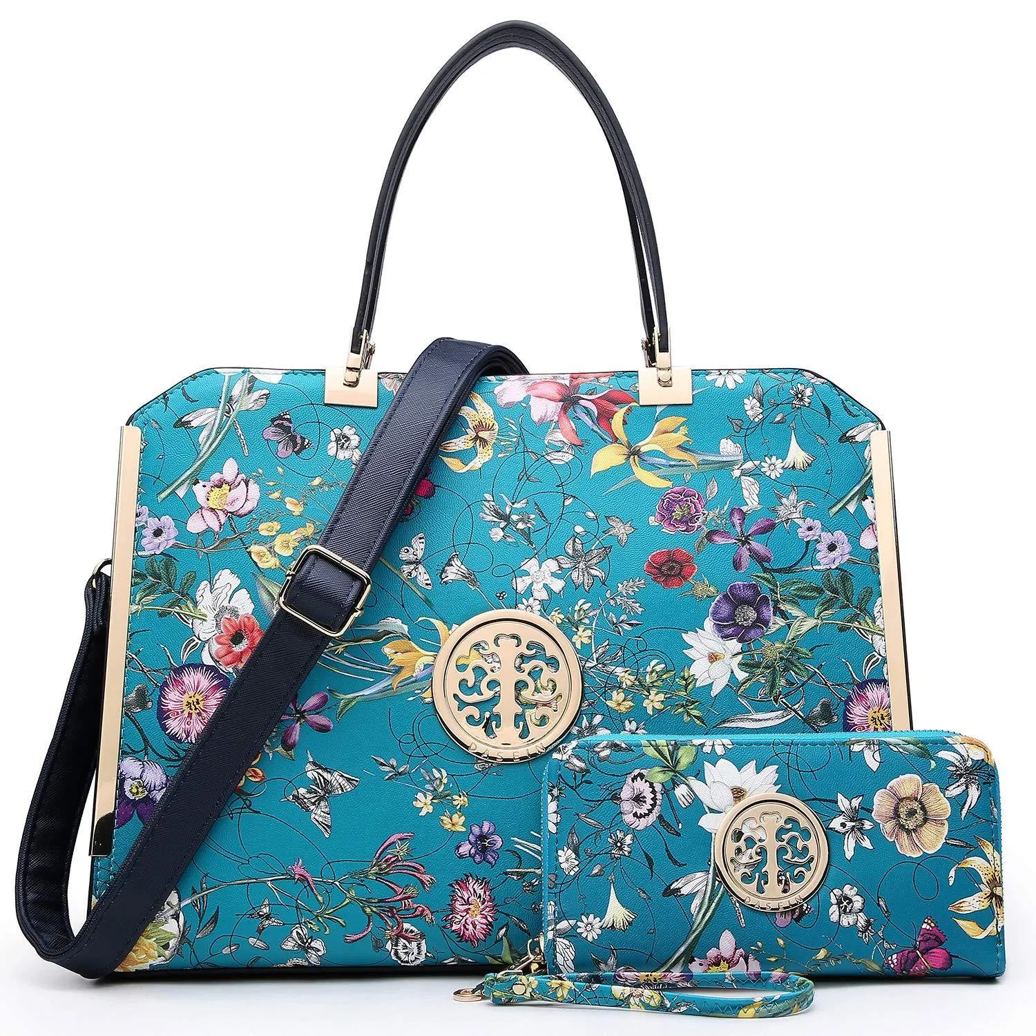 Floral Print Emblem Handbag with Matching Wallet