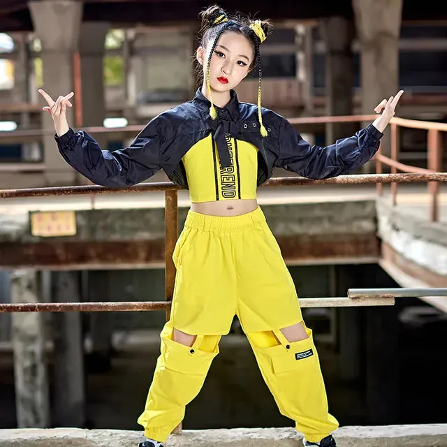 HH889 Girls Hip Hop Costume -Kpop Street Dance Outfit -Crop Tops -Yellow Pants Hiphop Performance Wear