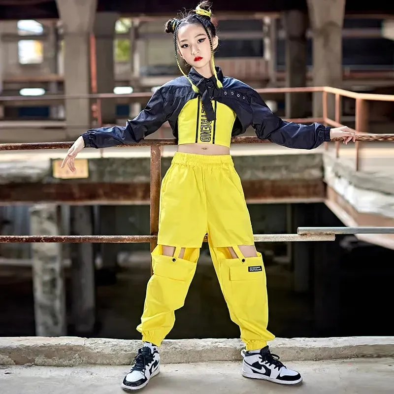 HH889 Girls Hip Hop Costume -Kpop Street Dance Outfit -Crop Tops -Yellow Pants Hiphop Performance Wear