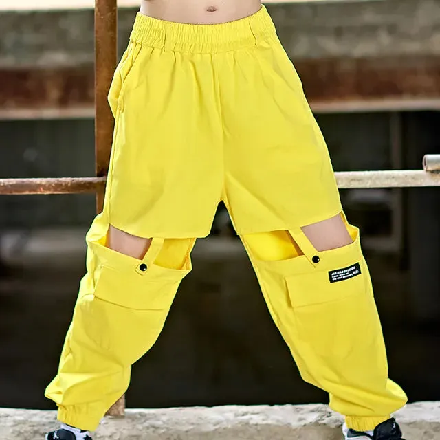 HH889 Girls Hip Hop Costume -Kpop Street Dance Outfit -Crop Tops -Yellow Pants Hiphop Performance Wear