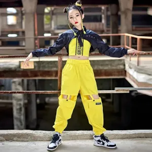 HH889 Girls Hip Hop Costume -Kpop Street Dance Outfit -Crop Tops -Yellow Pants Hiphop Performance Wear