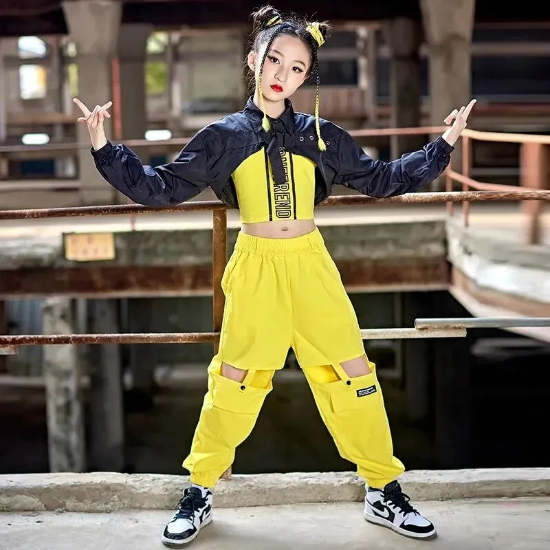 HH889 Girls Hip Hop Costume -Kpop Street Dance Outfit -Crop Tops -Yellow Pants Hiphop Performance Wear