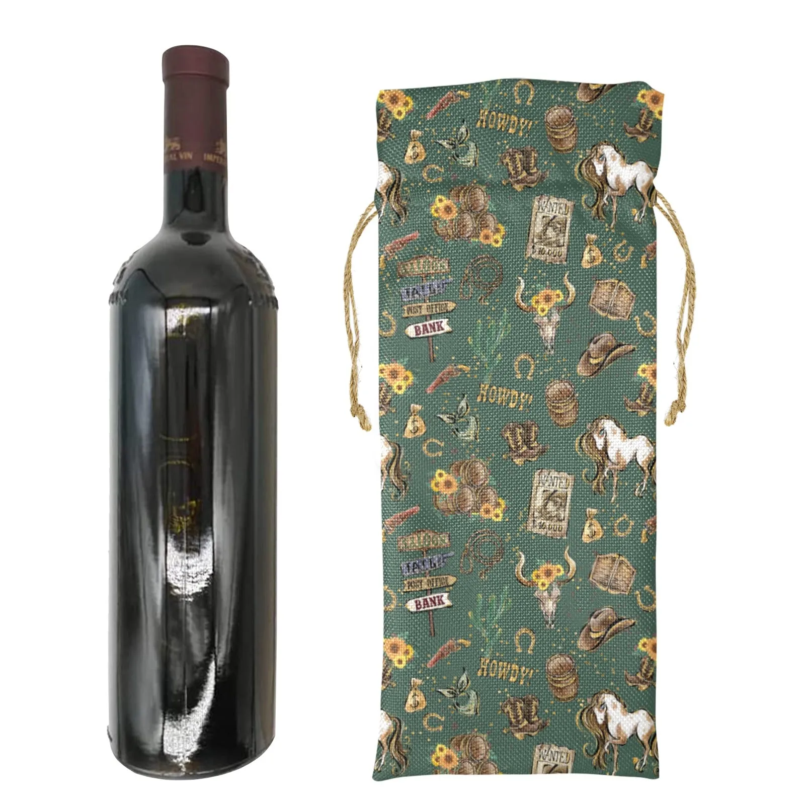 Howdy Green Linen Wine Bottle Bag