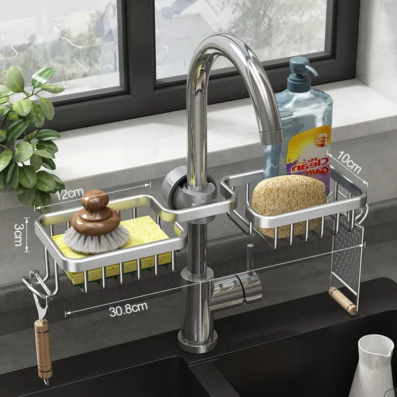 Kitchen Space Aluminum Sink Drain Rack Sponge Storage Faucet Holder Soap Drainer Shelf Basket Organizer Bathroom Accessories