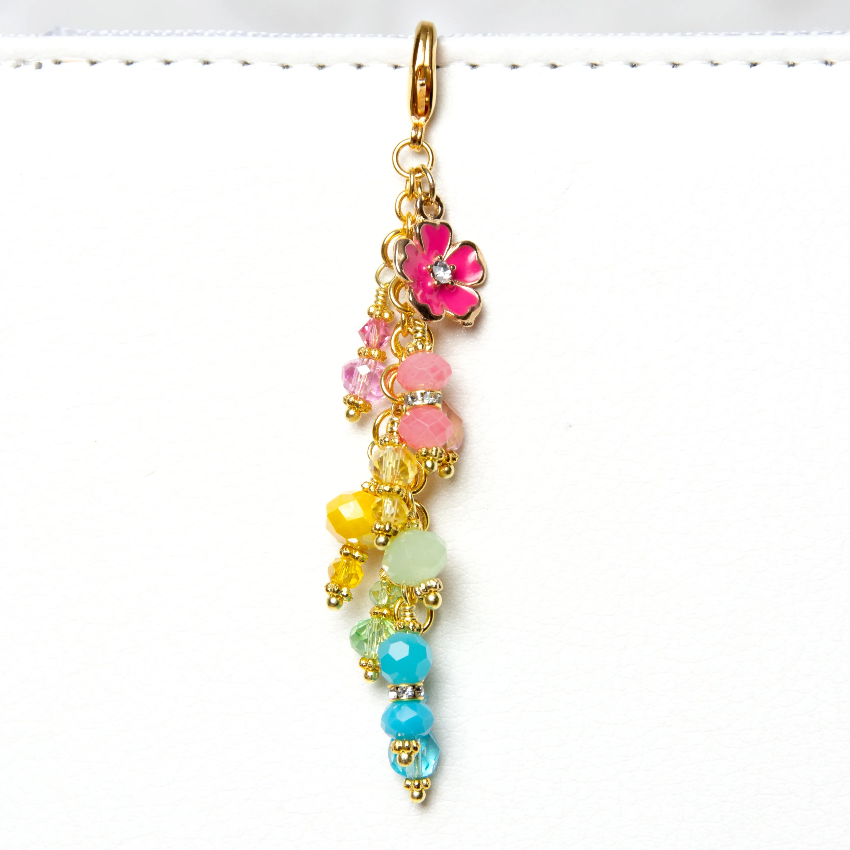 Pink Rhinestone Flower Planner Charm with Rainbow Dangle