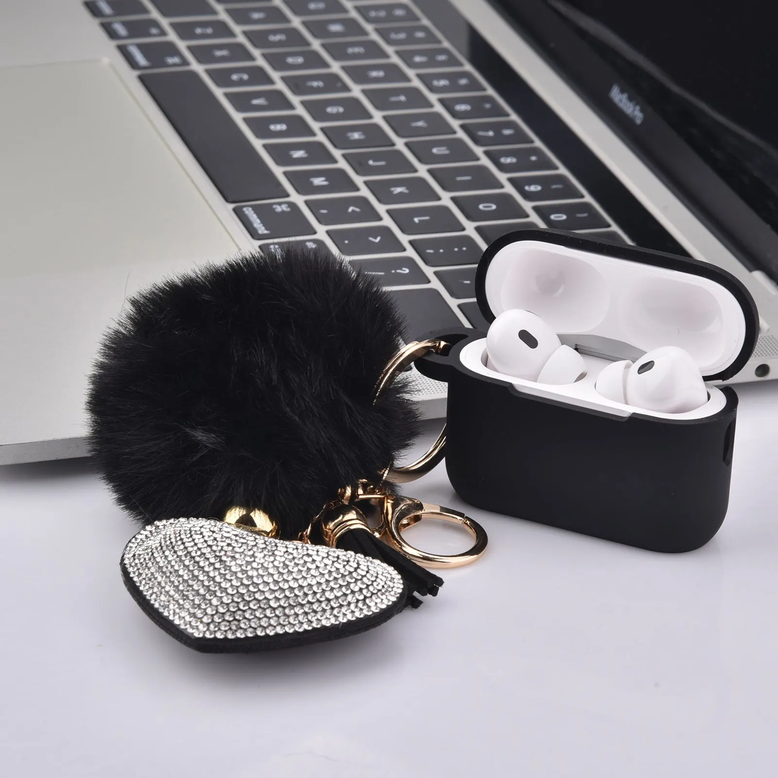 Silicone Case for AirPods Pro 2 with Bling Heart & Fur Pom Pom Keychain