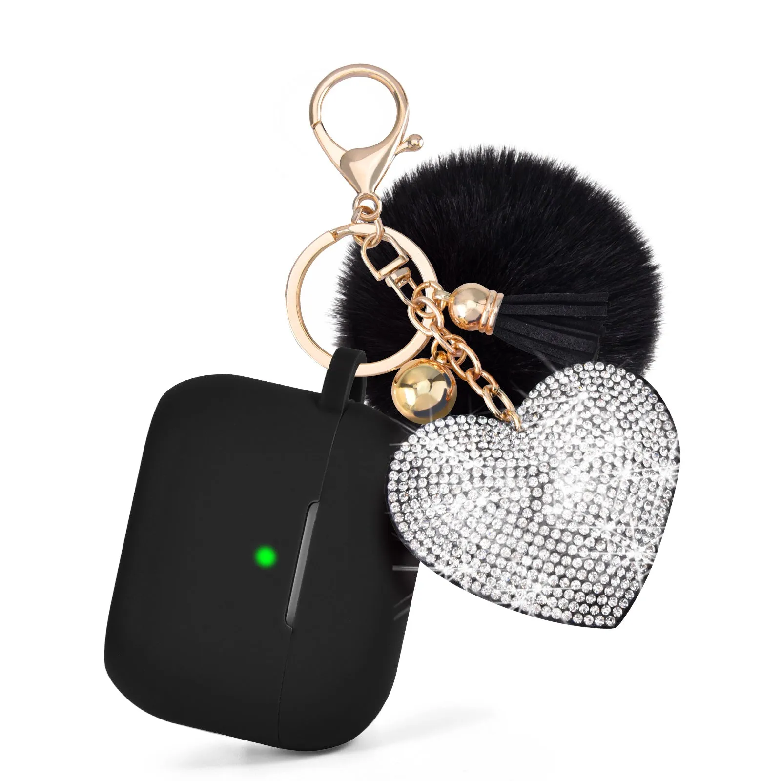 Silicone Case for AirPods Pro 2 with Bling Heart & Fur Pom Pom Keychain