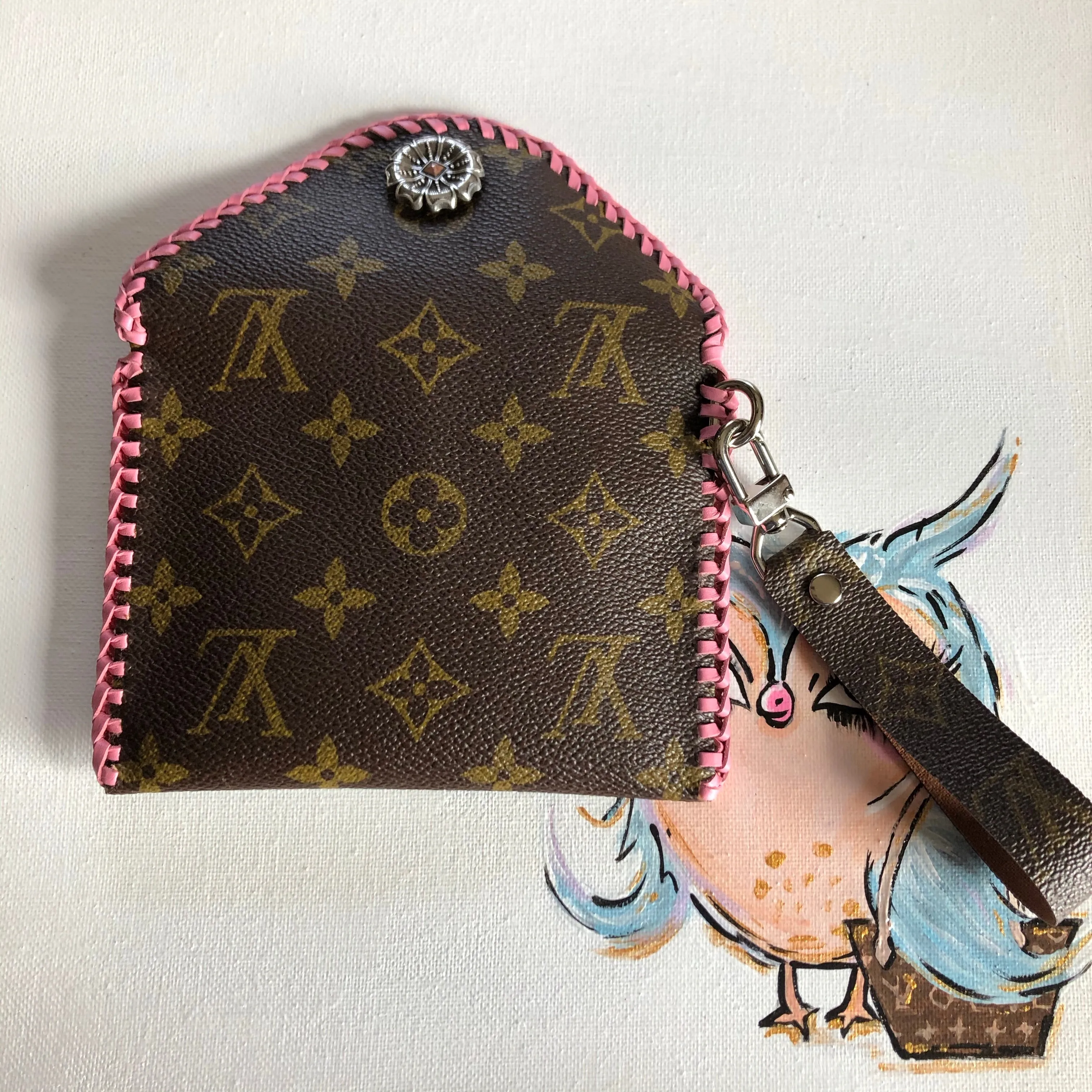 The Cardinal - Pink Monogram Vintage Card Holder/Wallet/Keychain