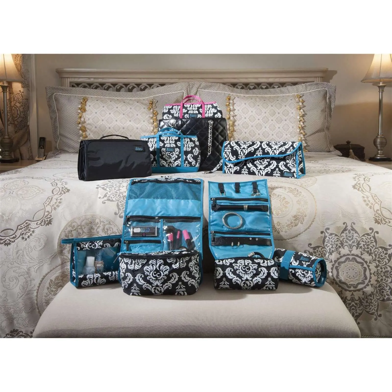 Two-Piece Hanging Travel Set - Damask with Teal