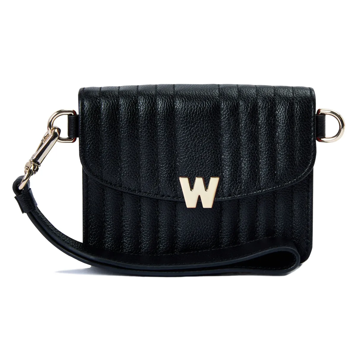 WOF Mimi Collection Leather Black Mini Bag with Wristlet and Lanyard